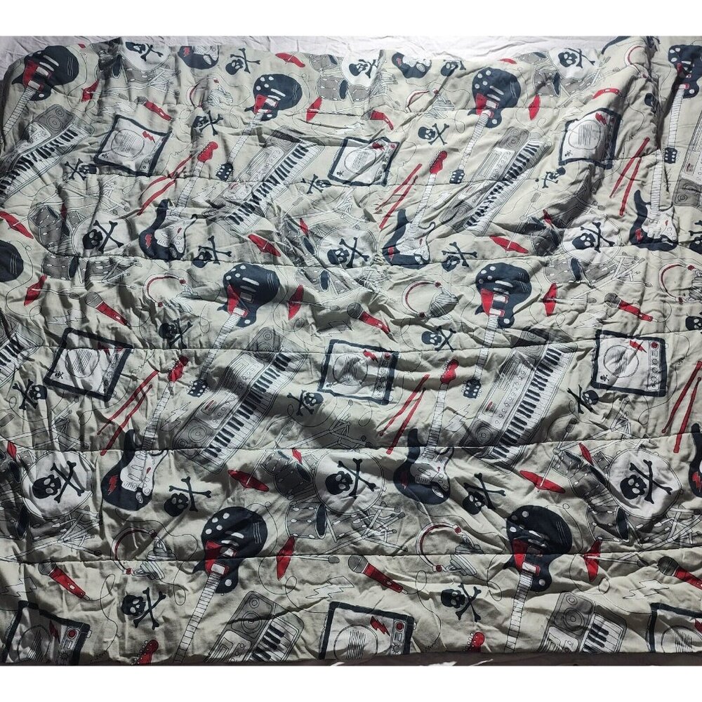Jumping Beans Boys Twin Comforter Gray Music Guitar Drums Skull Crossbones Plaid